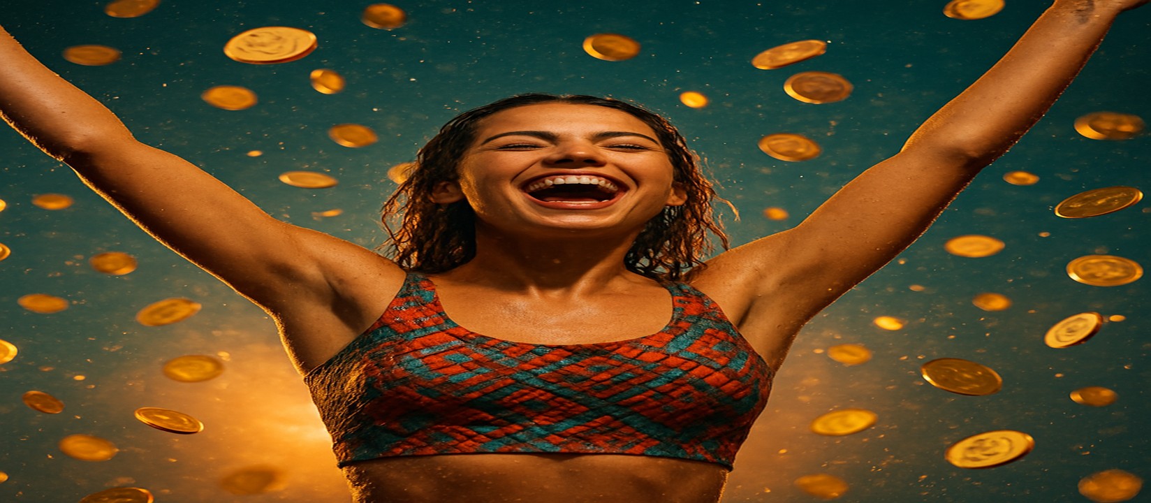 ace360 মুদ্রার ঝরনার মাঝে রঙিন পোশাকে এক নারী